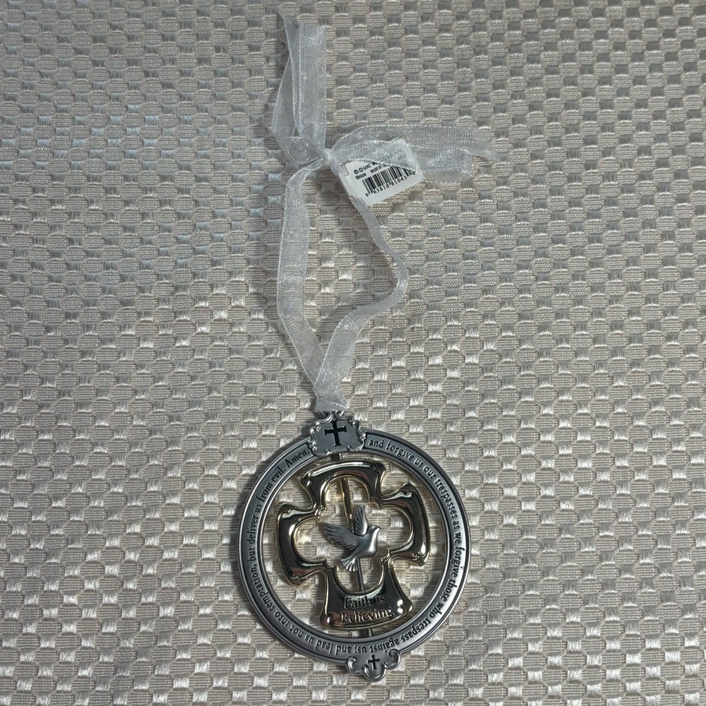 Religious Lord’s Prayer Metal Christmas Ornament with Dove on Ribbon - Picture 4 of 7